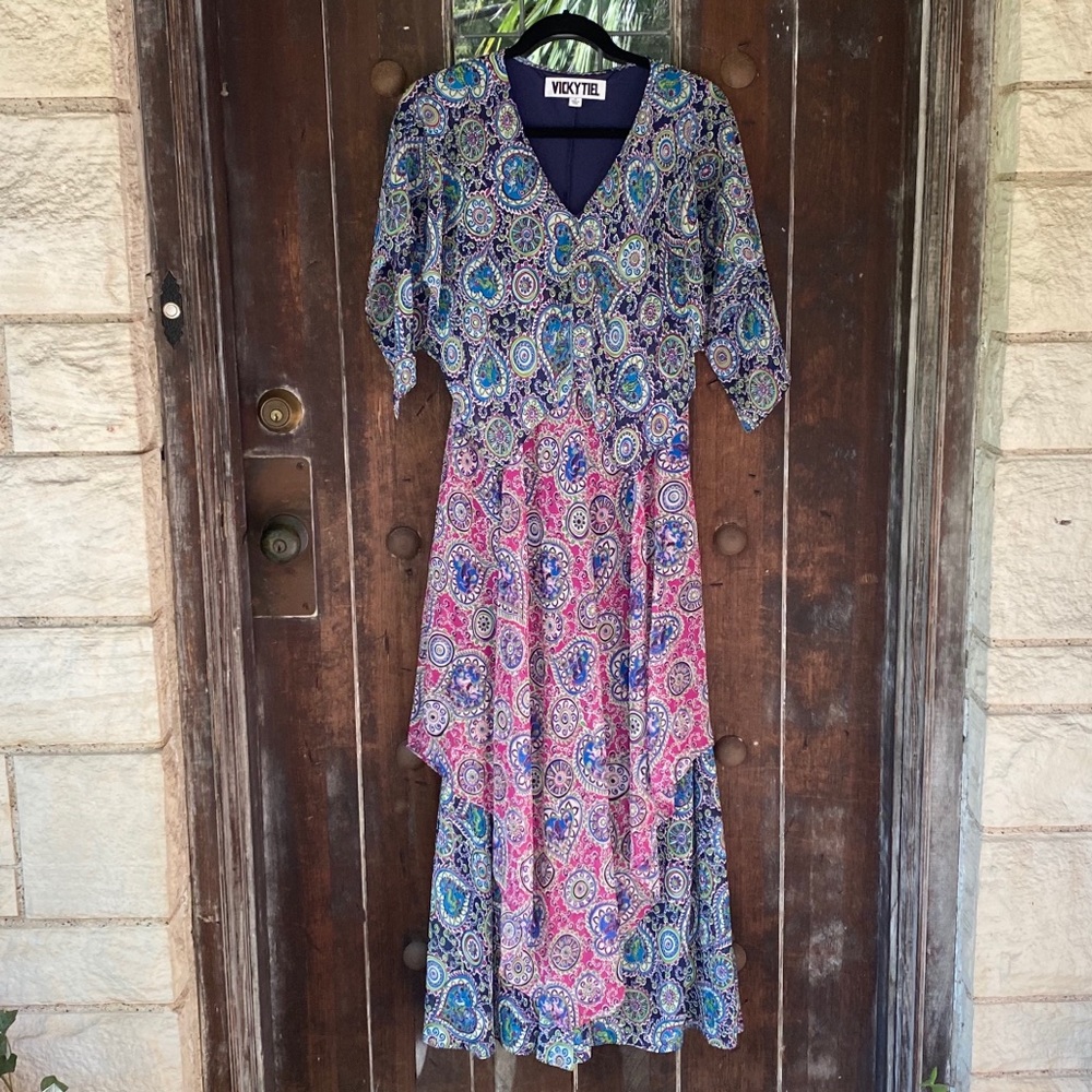 Vicky Tiel | Boho Maxi Dress Handkerchief  Hem